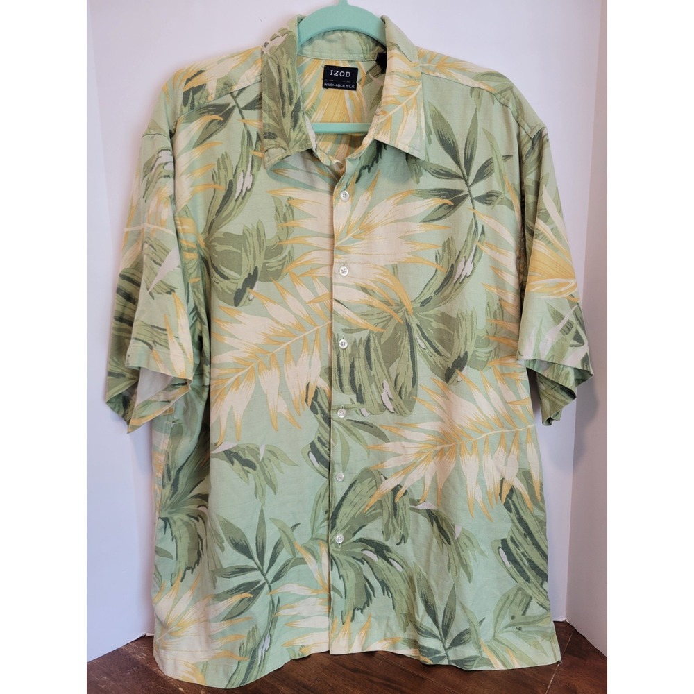 Vintage IZOD Washable 100% Silk Tropical Print Hawaiian Resort Camp Shirt XL